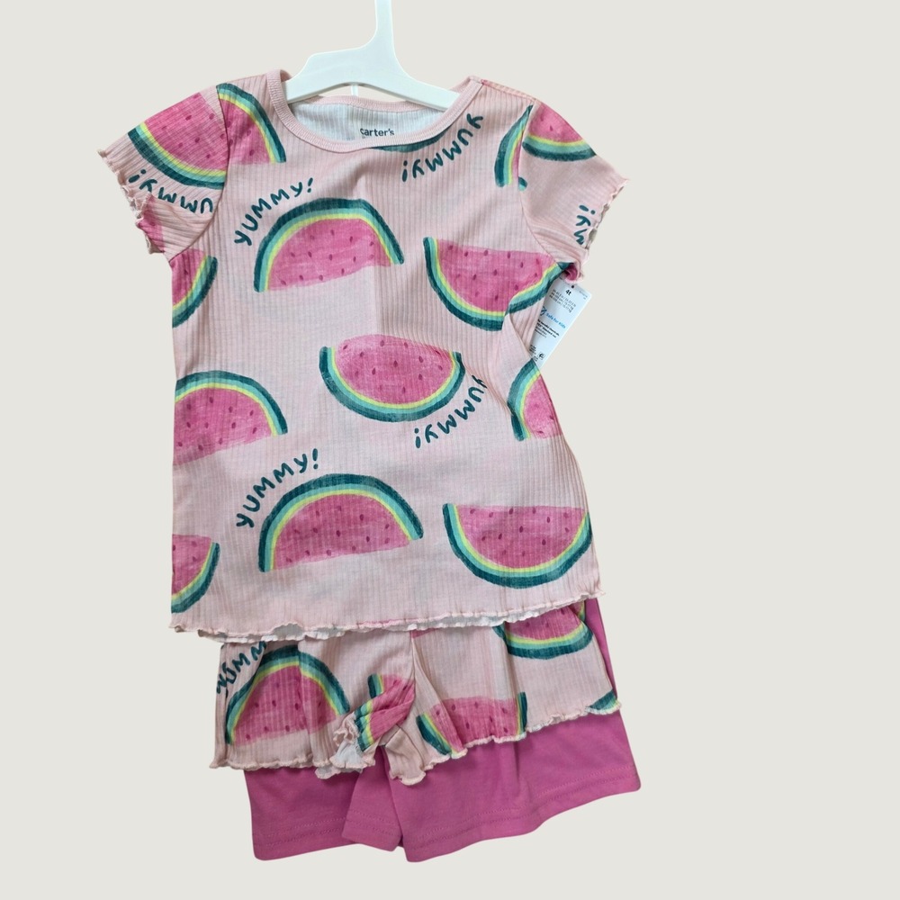 Carters Just One You Girls 4T Watermelon 3 Piece Pajama Set Pink Ribbed Knit